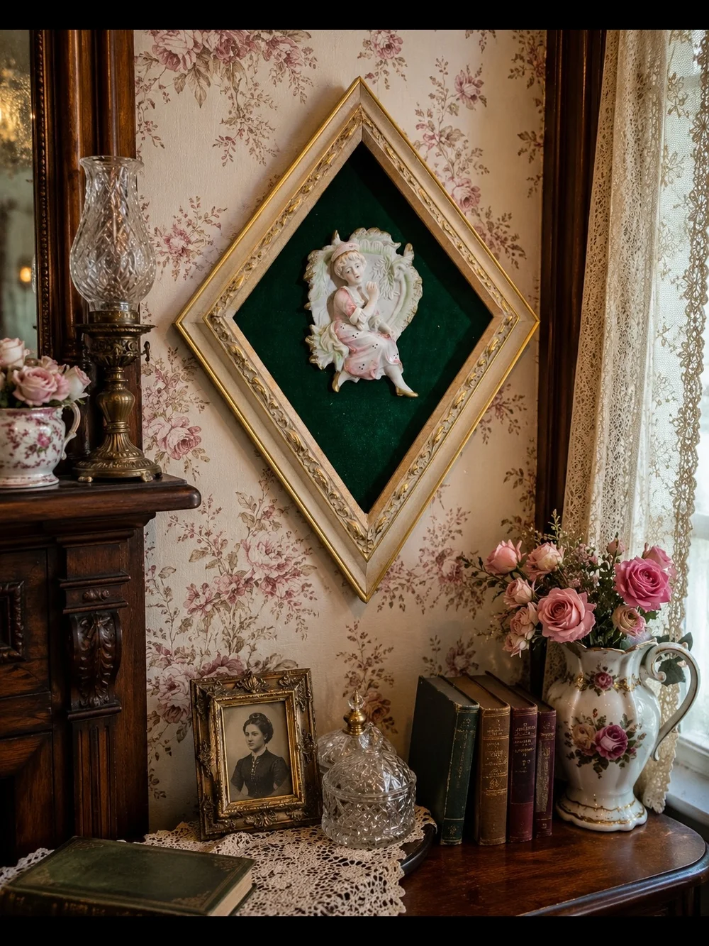 Porcelain Wall Plaque in Pink and Cream - Decorative Home Accent